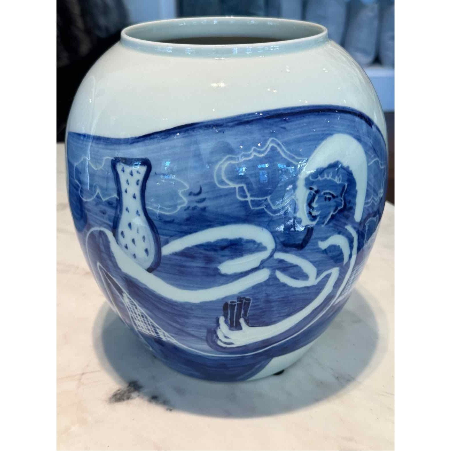 Blue and White Porcelain Urn Vase with Relaxing Motif by Jared FitzGerald