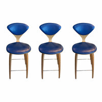 SET of 3 Blue Leather & Wood Counter Stools by Cherner (AS IS)
