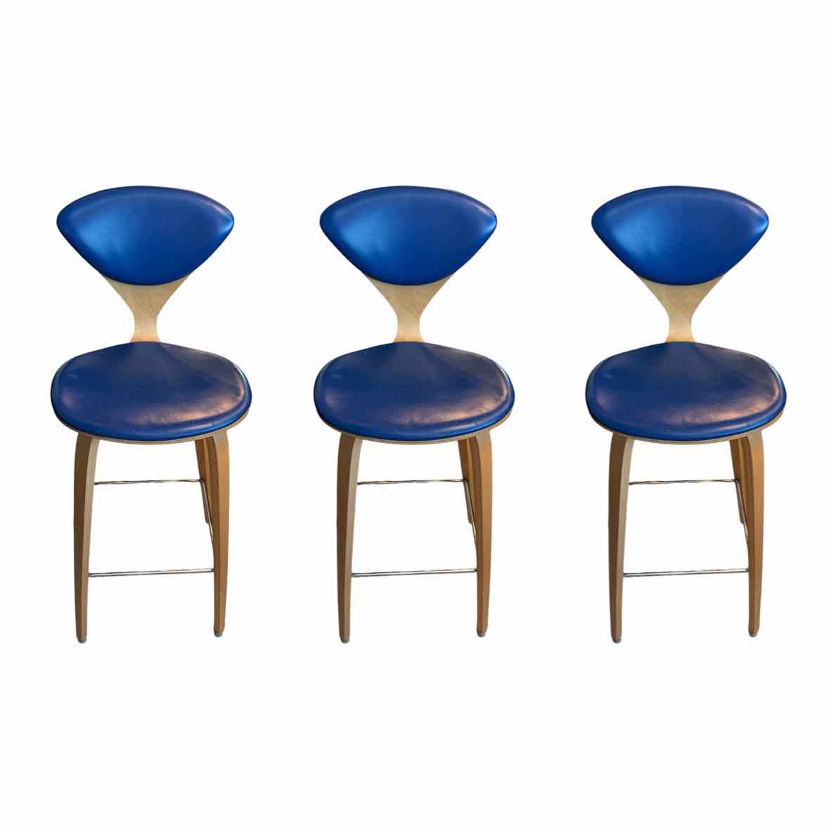 SET of 3 Blue Leather & Wood Counter Stools by Cherner (AS IS)