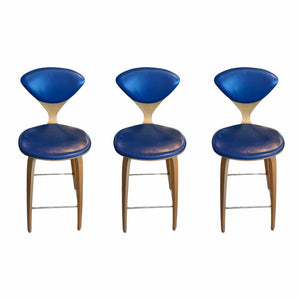 SET of 3 Blue Leather & Wood Counter Stools by Cherner (AS IS)