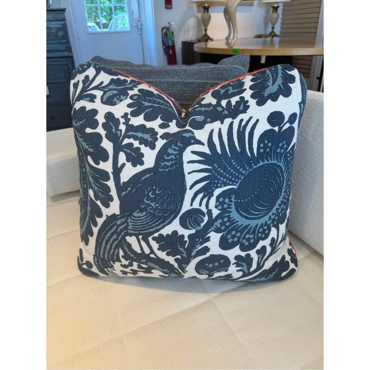 Navy Floral Pheasant Print on Linen Pillow w/ Piping & Down Insert