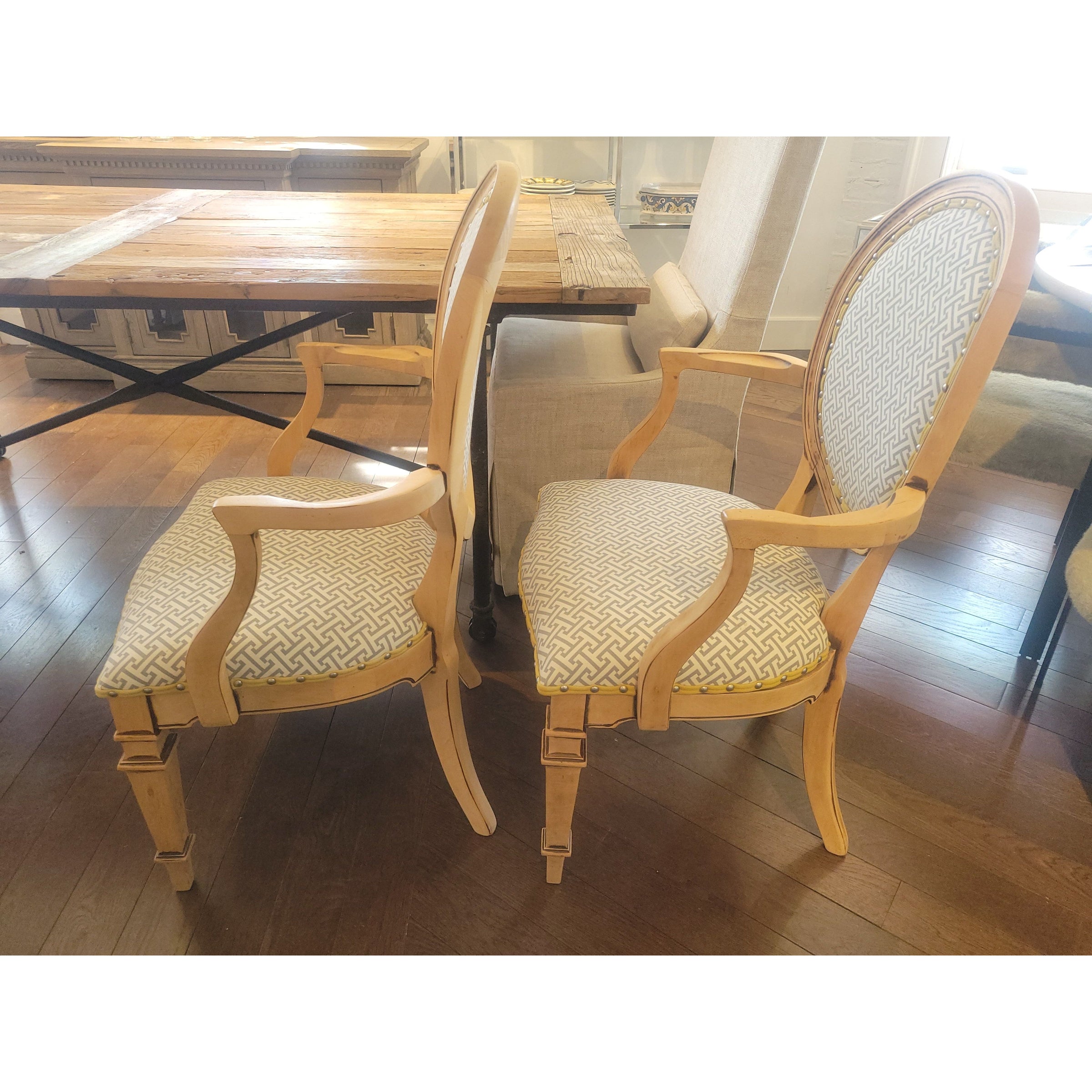 PAIR of Louis XVI Style Medallion Back Chairs w/ Sayagata Pattern Fabric (AS IS)