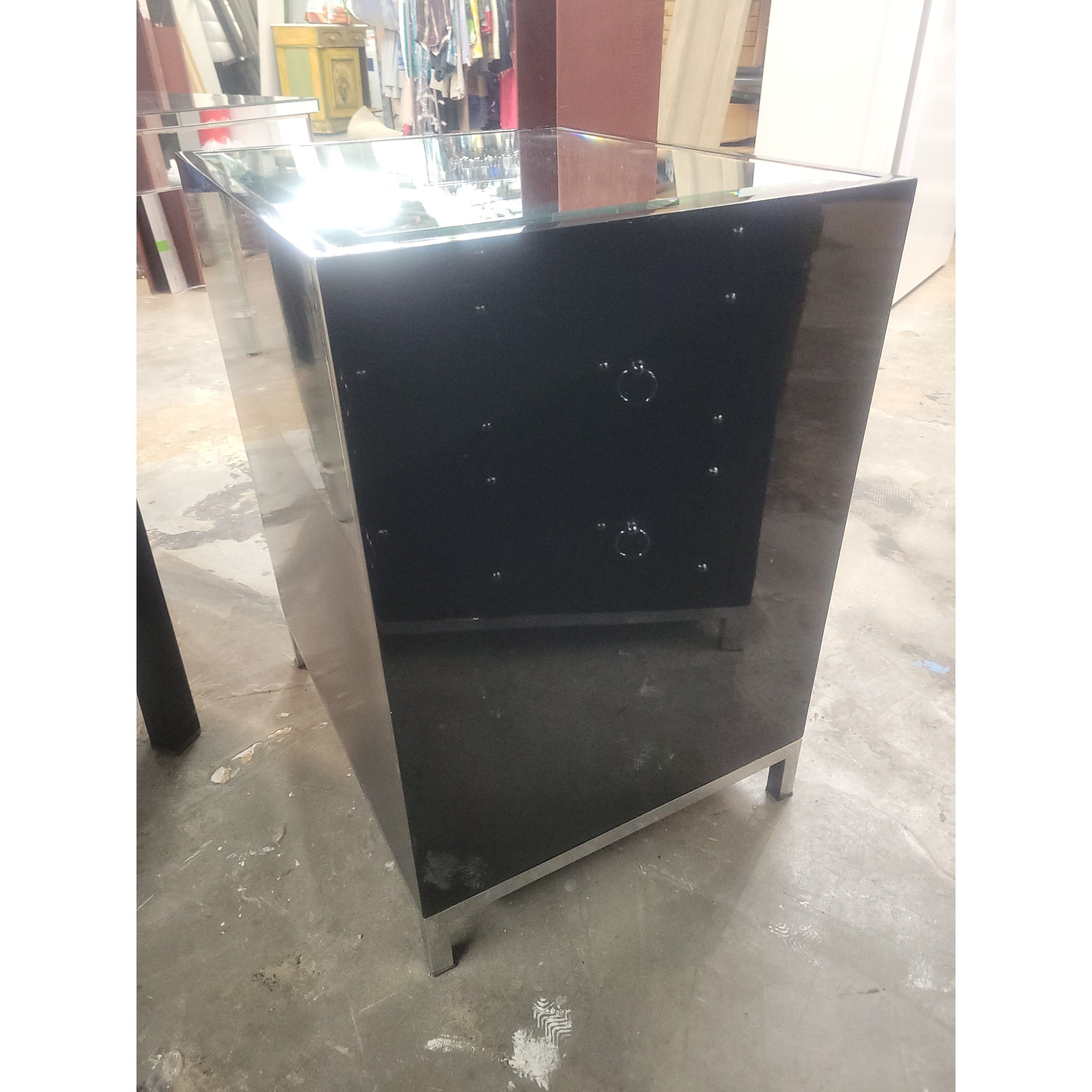 Black Lacquer & Nickel 3-Drawer Nightstand w/ Mirror Top by Worlds Away