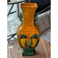 Art Nouveau Glazed Ceramic 2-Handled Vase in Mustard and Green Glaze