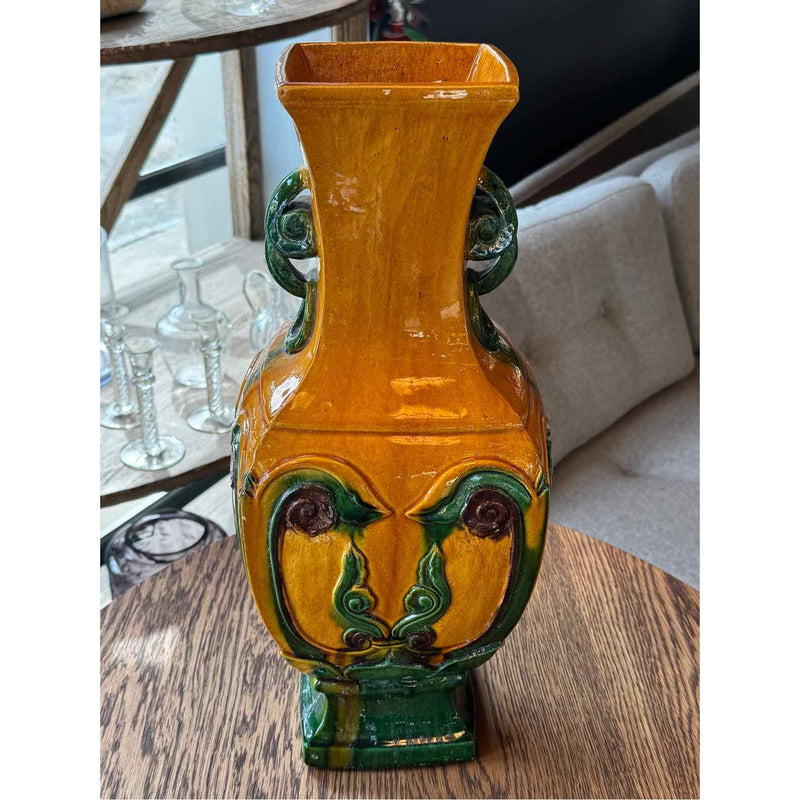 Art Nouveau Glazed Ceramic 2-Handled Vase in Mustard and Green Glaze