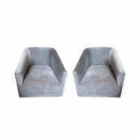 PAIR of Custom Gray Velvet & Black Oak Swivel Chairs