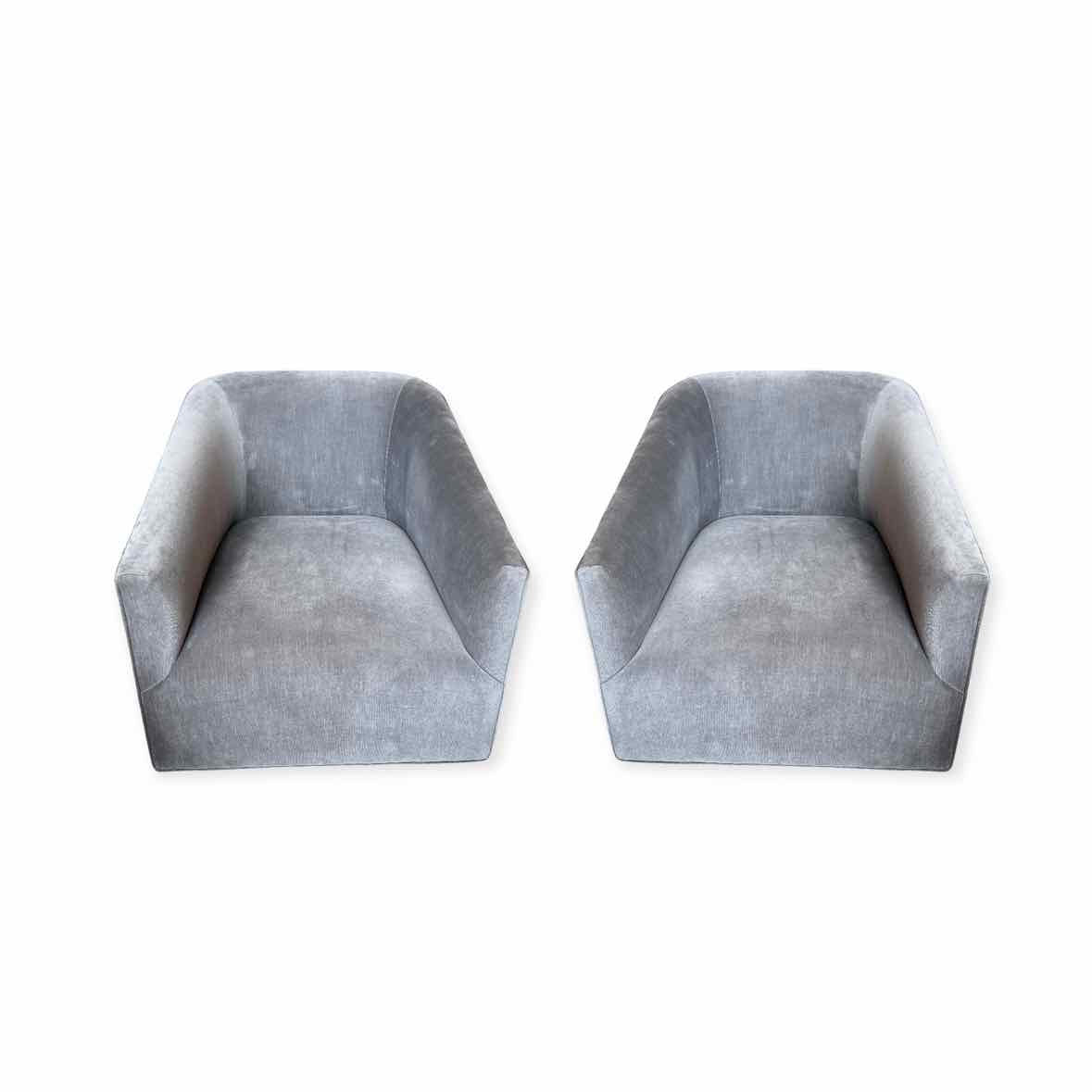 PAIR of Custom Gray Velvet & Black Oak Swivel Chairs
