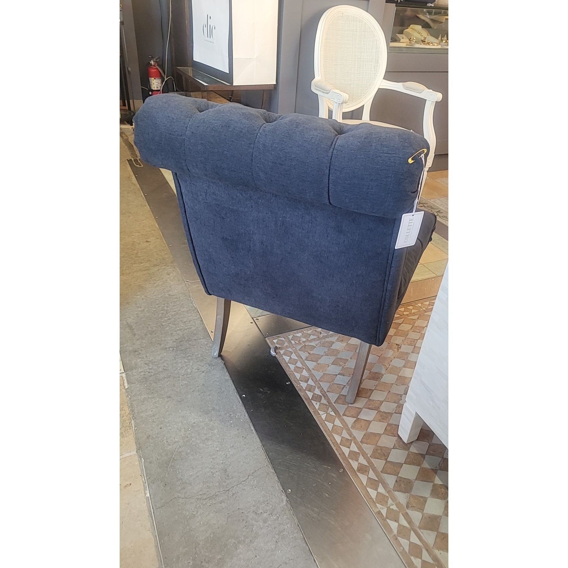 Navy Tufted Slipper Chair w/ Natural Wood Legs & Casters