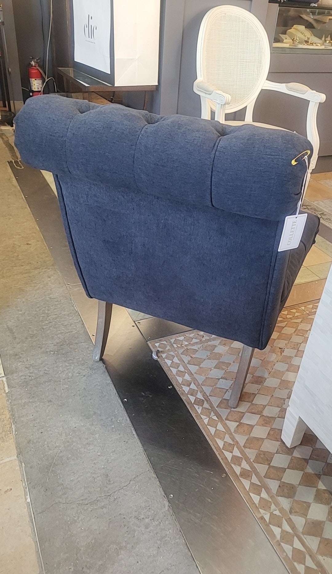 Navy Tufted Slipper Chair w/ Natural Wood Legs & Casters