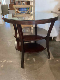 Round Mahogany Entry Table w/ 2 Shelves & Glass Top by Barbara Barry for Baker