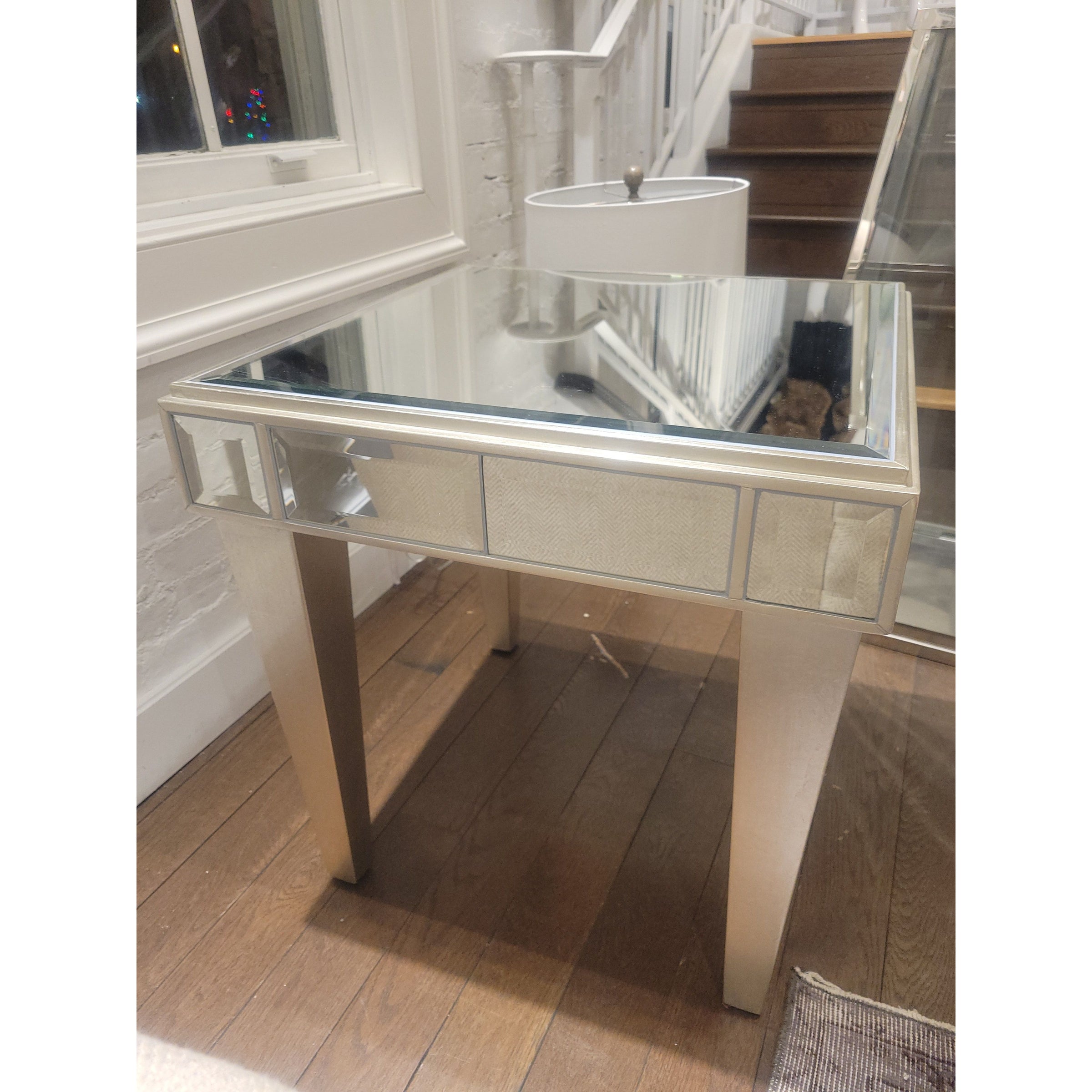 PAIR of Mirrored Glass Silverleaf Finish Side Tables - colletteconsignment.com