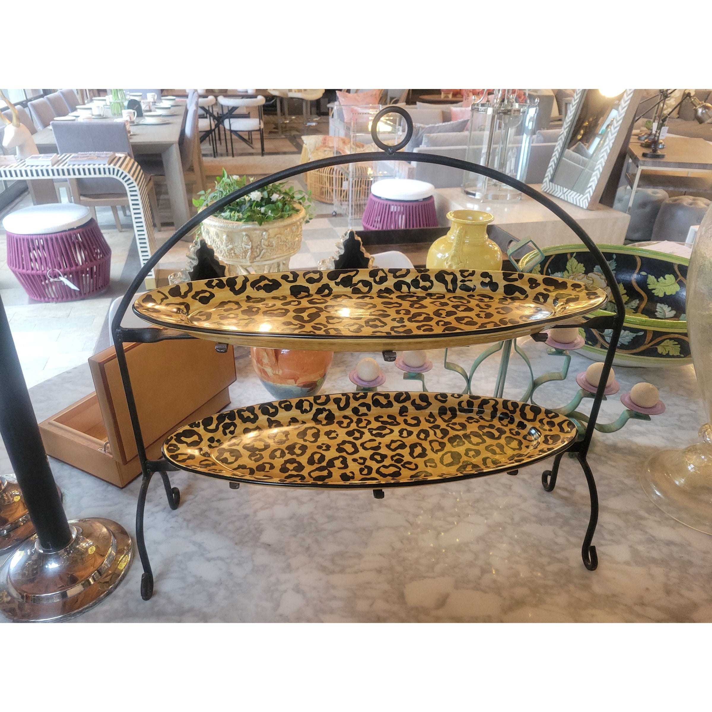 Vintage Cast Iron Buffet Stand w/ Leopard Glazed Ceramic Platters