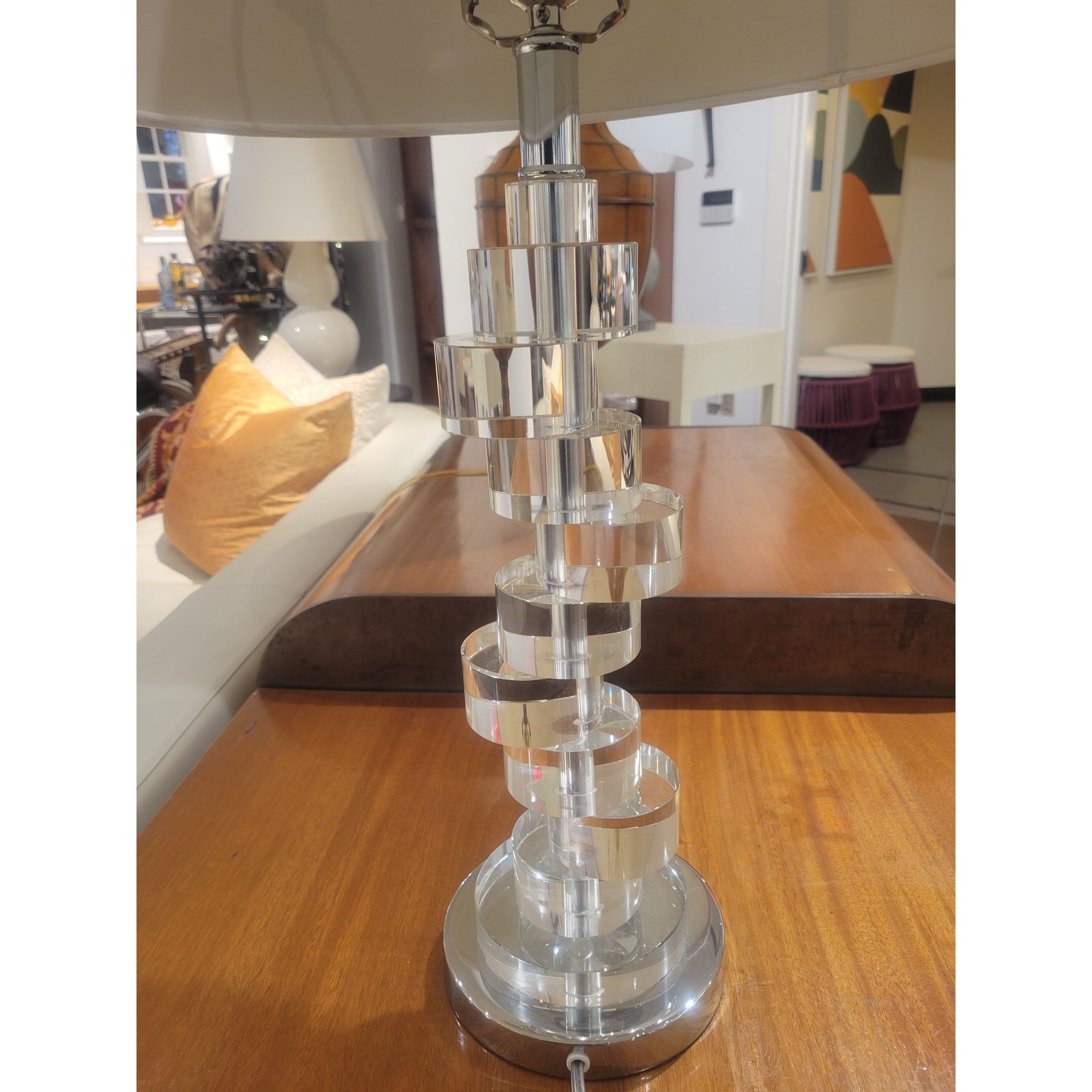 Crankshaft Style Stacked Acrylic & Chrome Table Lamp w/ Shade - colletteconsignment.com