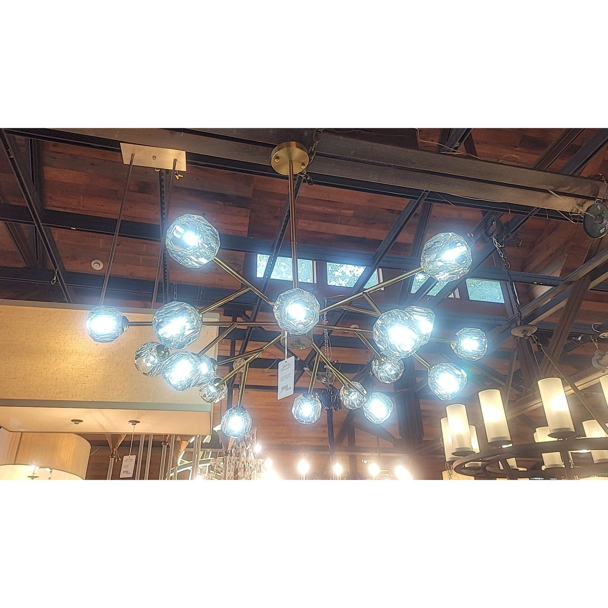 9-Light Gold Rustic Industrial Mid-Century Sputnik Linear Chandelier
