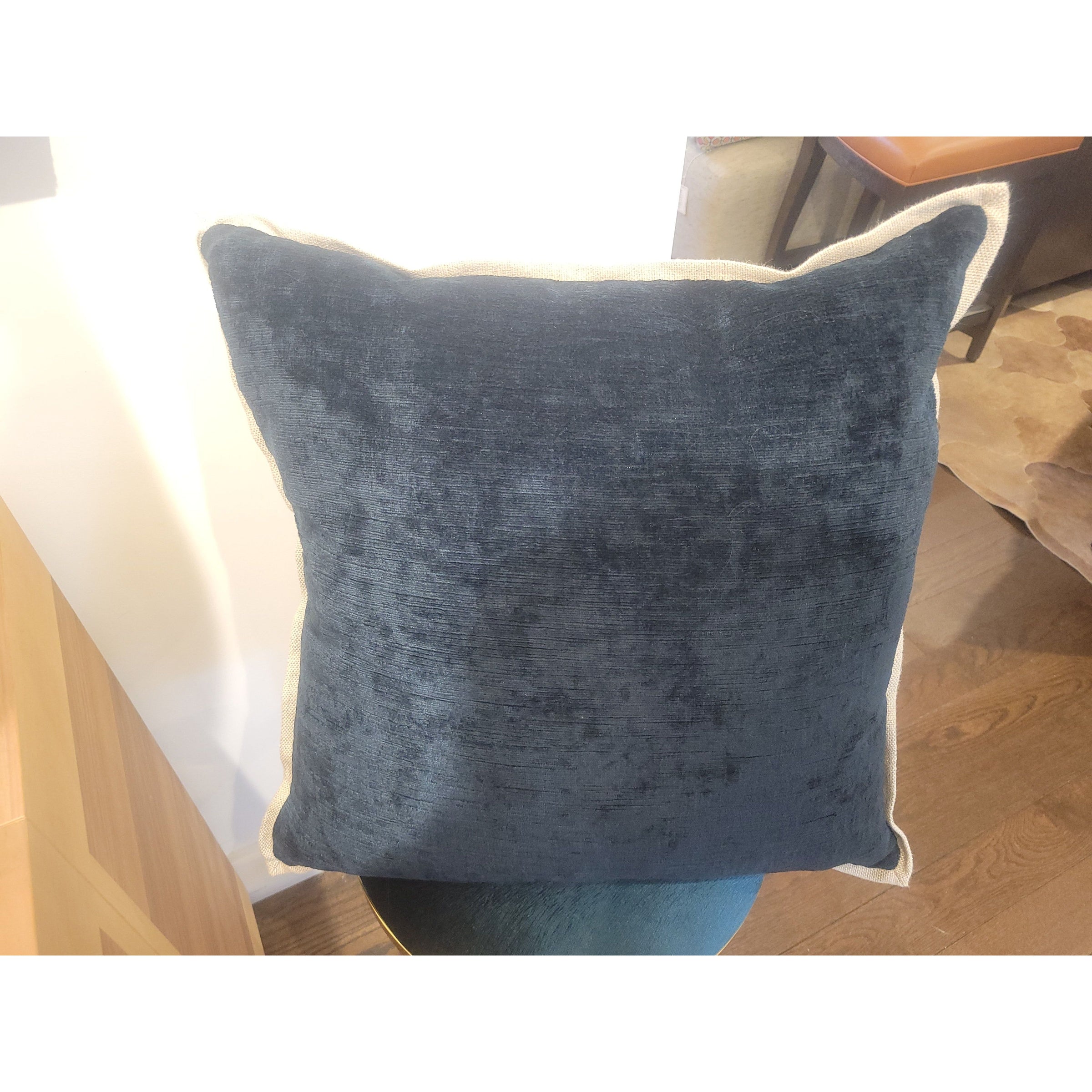 Half Navy Strie Velvet / Linen Square Pillow w/ Insert by Ryan Studio