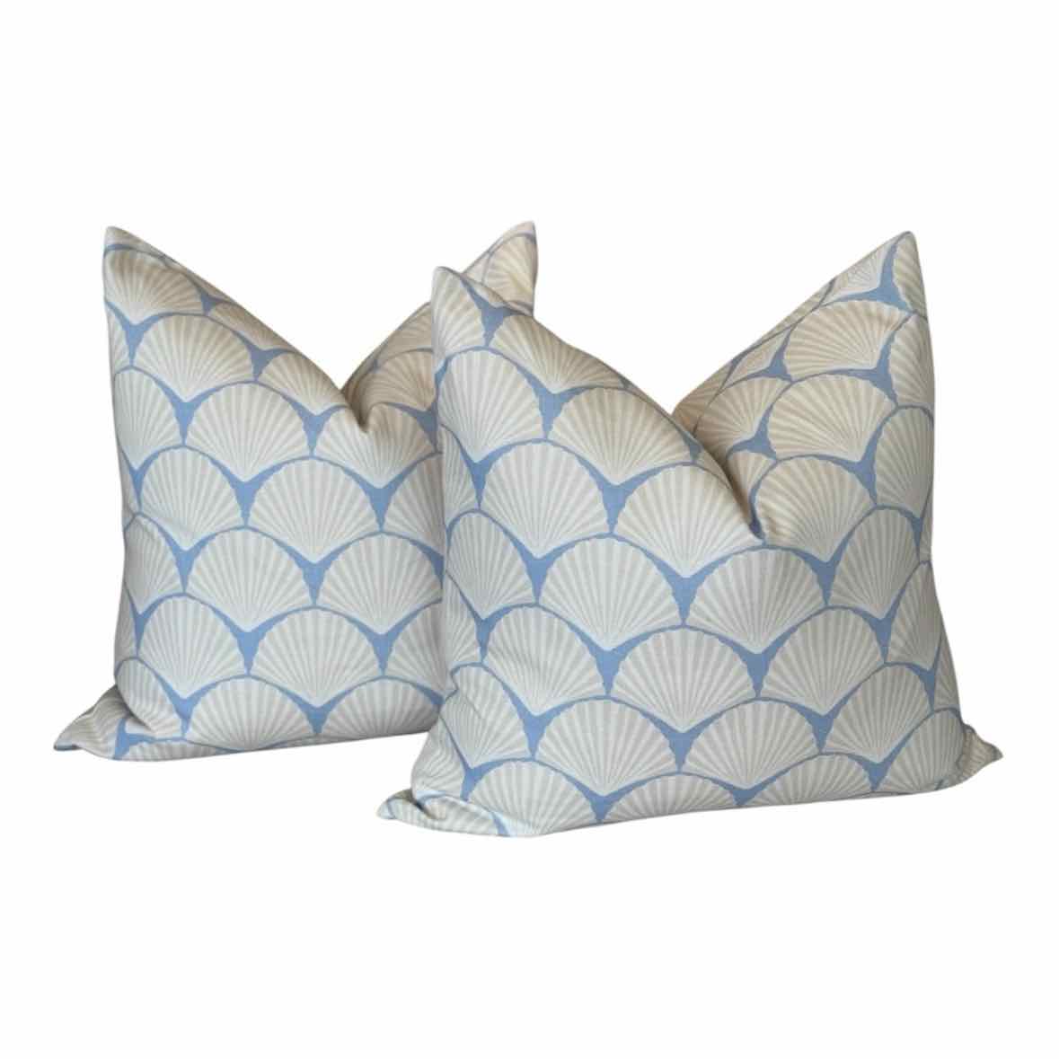 PAIR of Custom Off-White Seashells on Blue Square Pillows - colletteconsignment.com