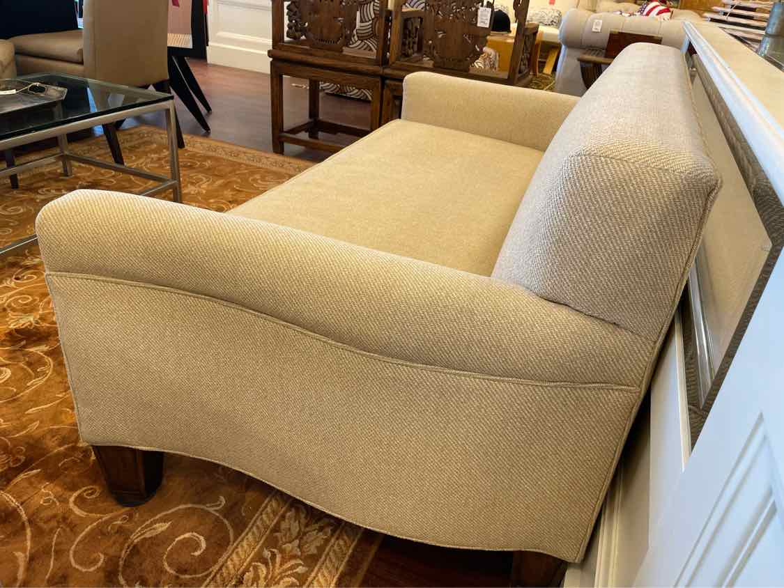 Custom Tan Chenille 2-Seat Sofa w/ Dark Wood Legs