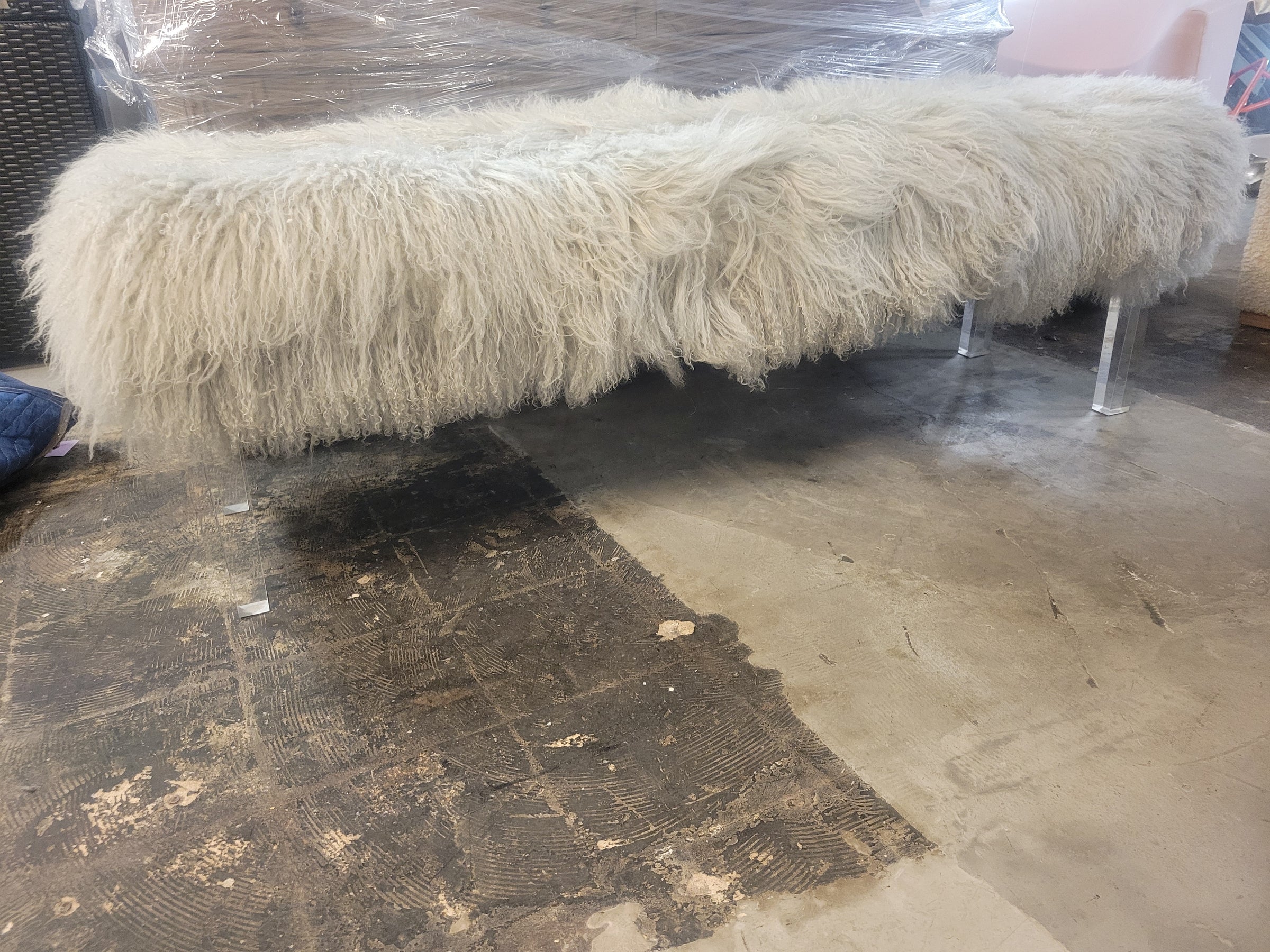 White Tibetan Lamb Bench on Lucite Legs by Outpost Original