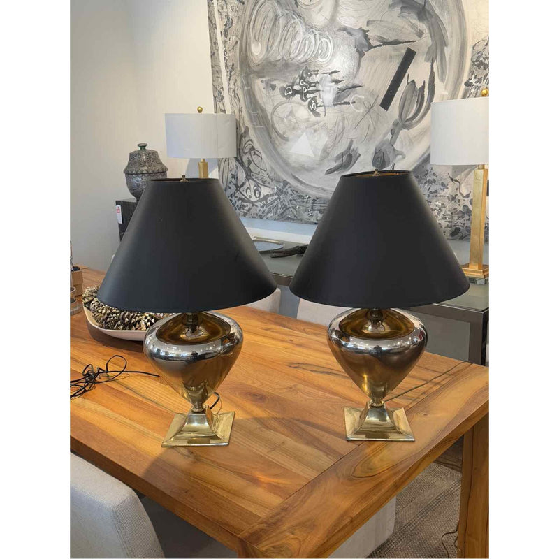 Pair of Chrome & Brass Table Lamps w/ Black Shades