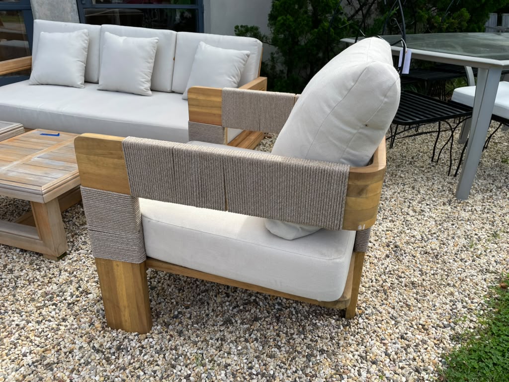 Pair of Teak and Rope Outdoor Armchairs