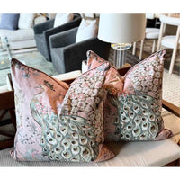 PAIR of Pink & Green Peacock Pillows