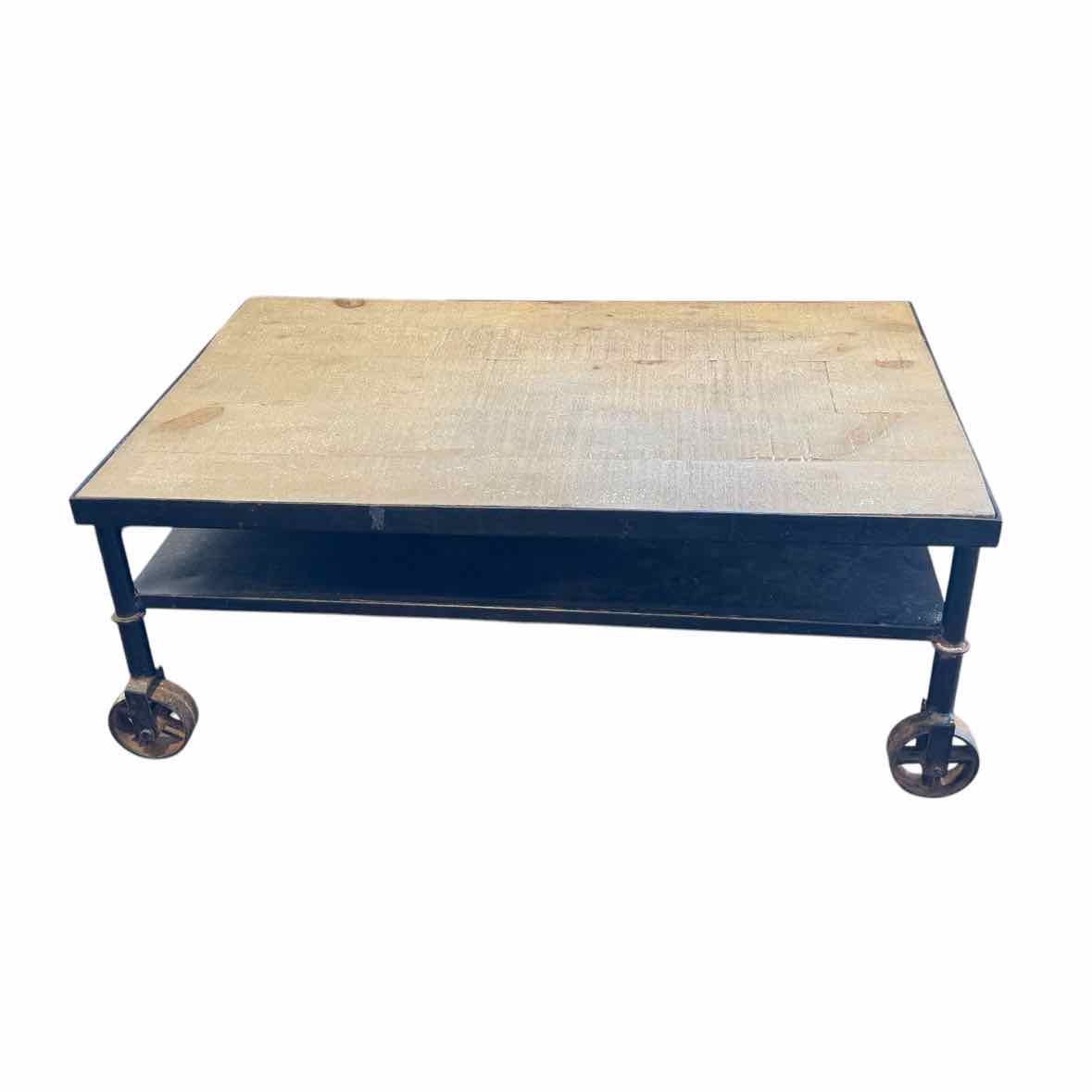 Rustic Woodtop 2-Tier Rolling Metal Coffee Table