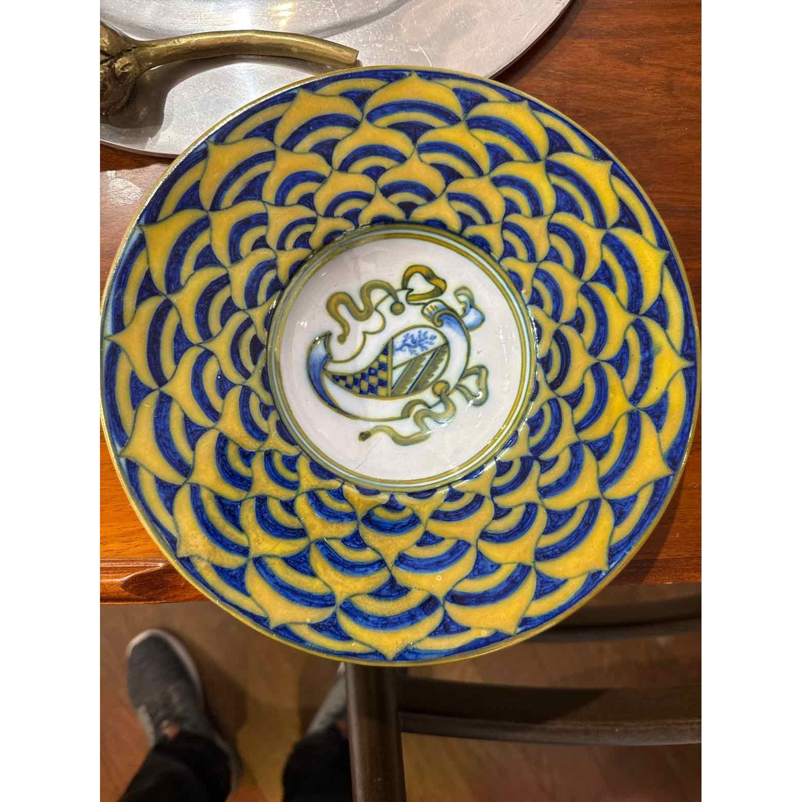Antique Italian Bowl, Blue and Gold Design, 8.75" Dia x 1.5"H