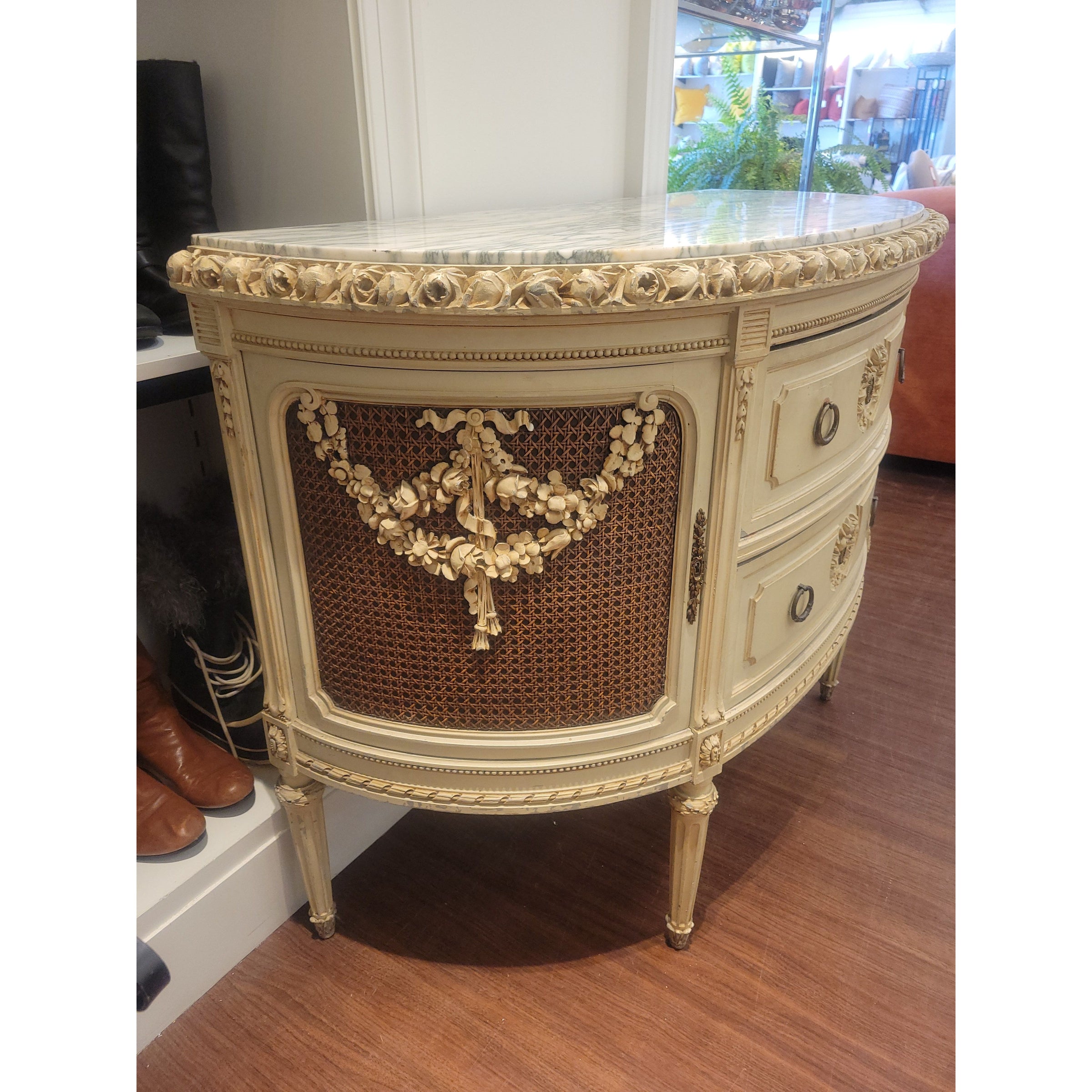 Vintage Demilune Commode w/ Carved Roses & Marble Top (AS IS)