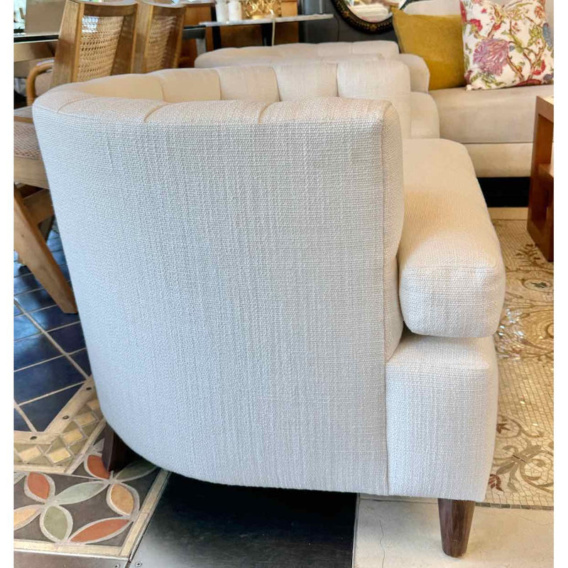 PAIR of Custom Beige Tufted Club Chairs w/ Dark Wood Legs