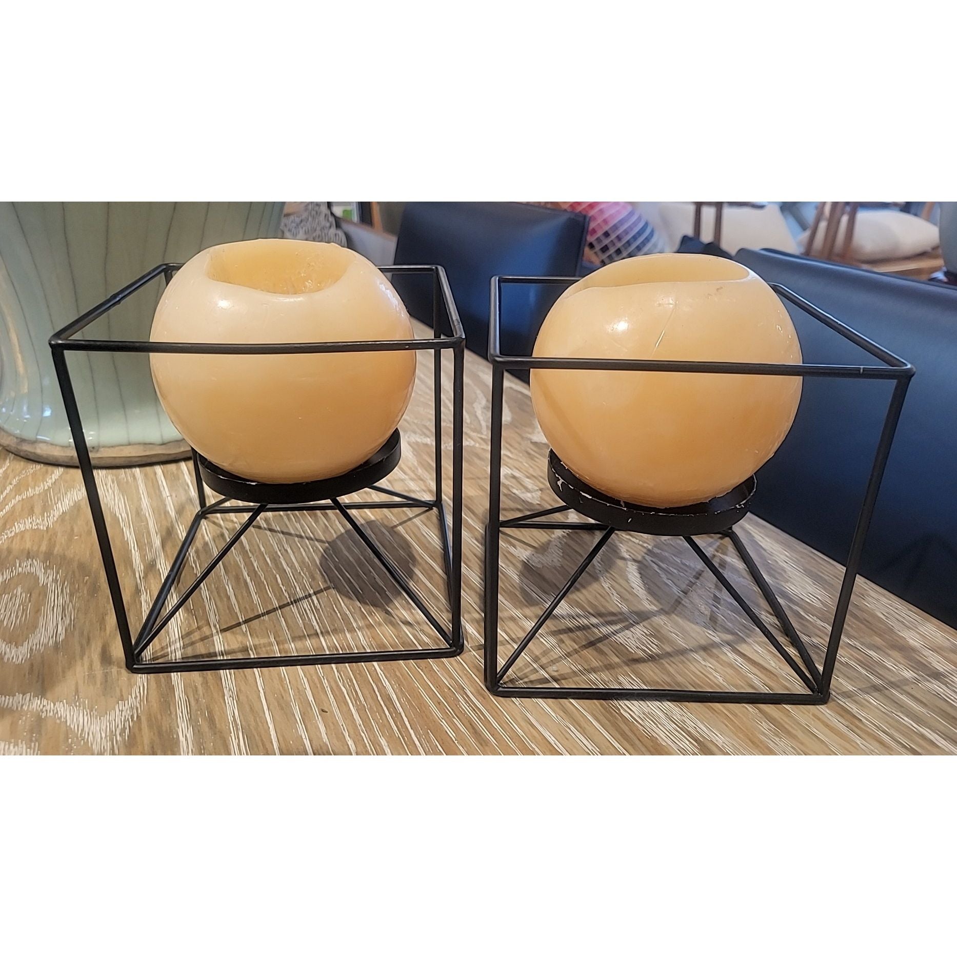 PAIR of Black Metal Candle Holders w/ Round Candles