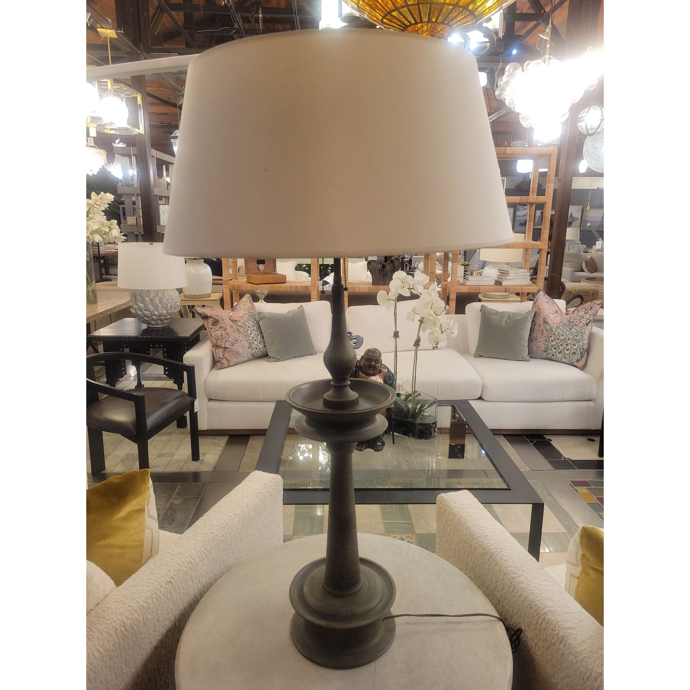 XL Antique Tibetan Bronzed Metal Table Lamp w/ Shade - colletteconsignment.com