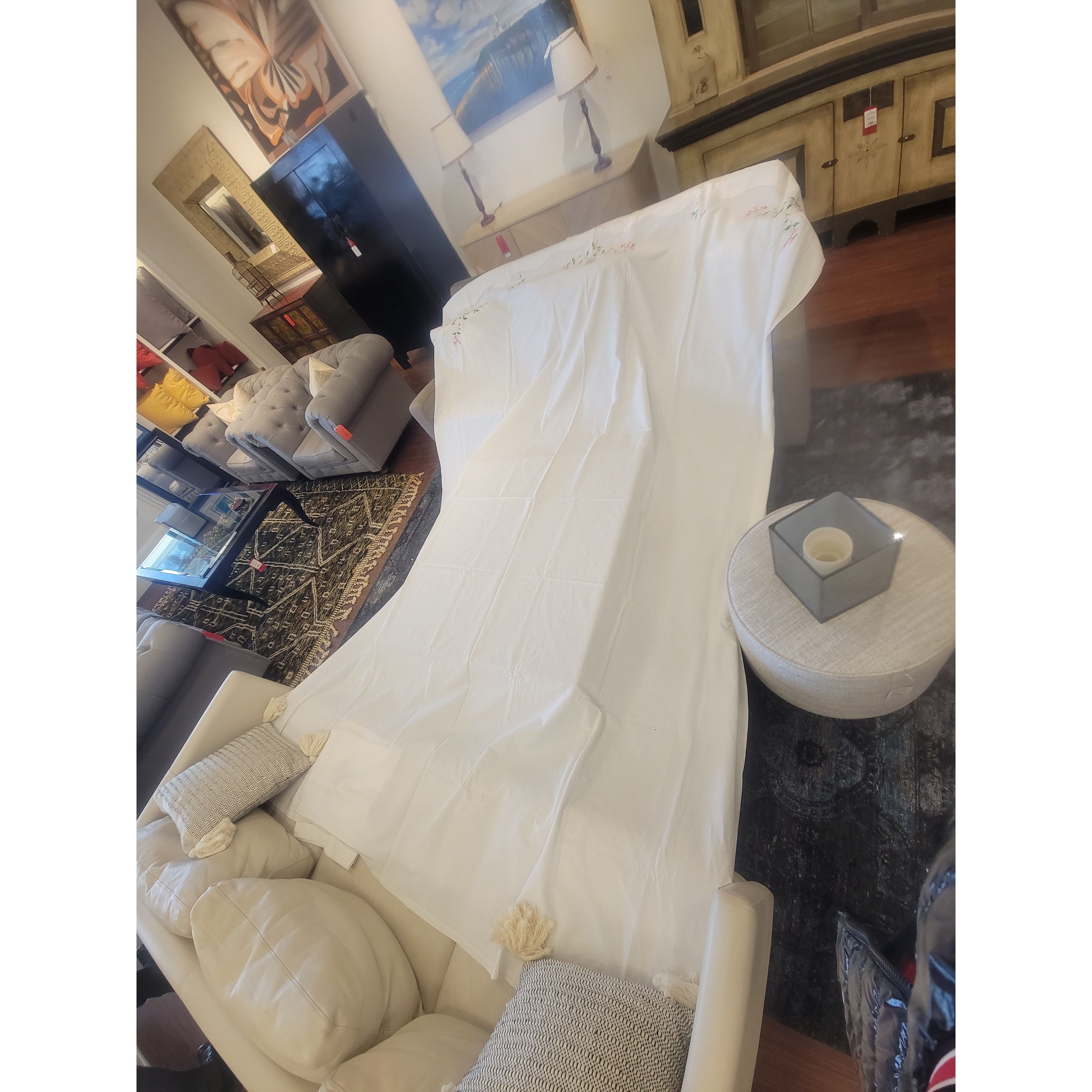 Flower Embroidered Linen Set: King-Sized Sheet & 2 Square Shams (AS IS) - colletteconsignment.com