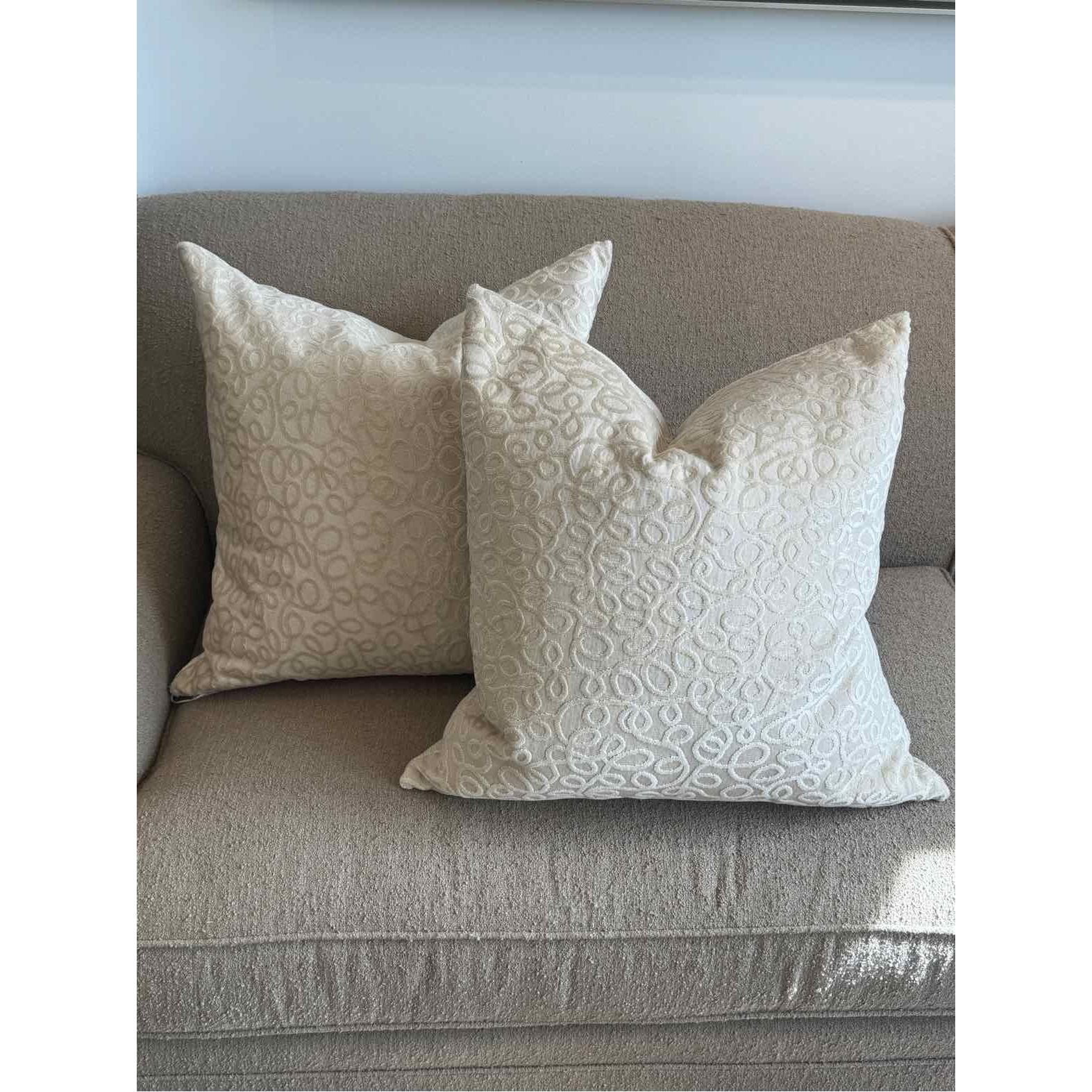 Pair of Custom Off-White Cut Velvet Curls Pattern Pillows