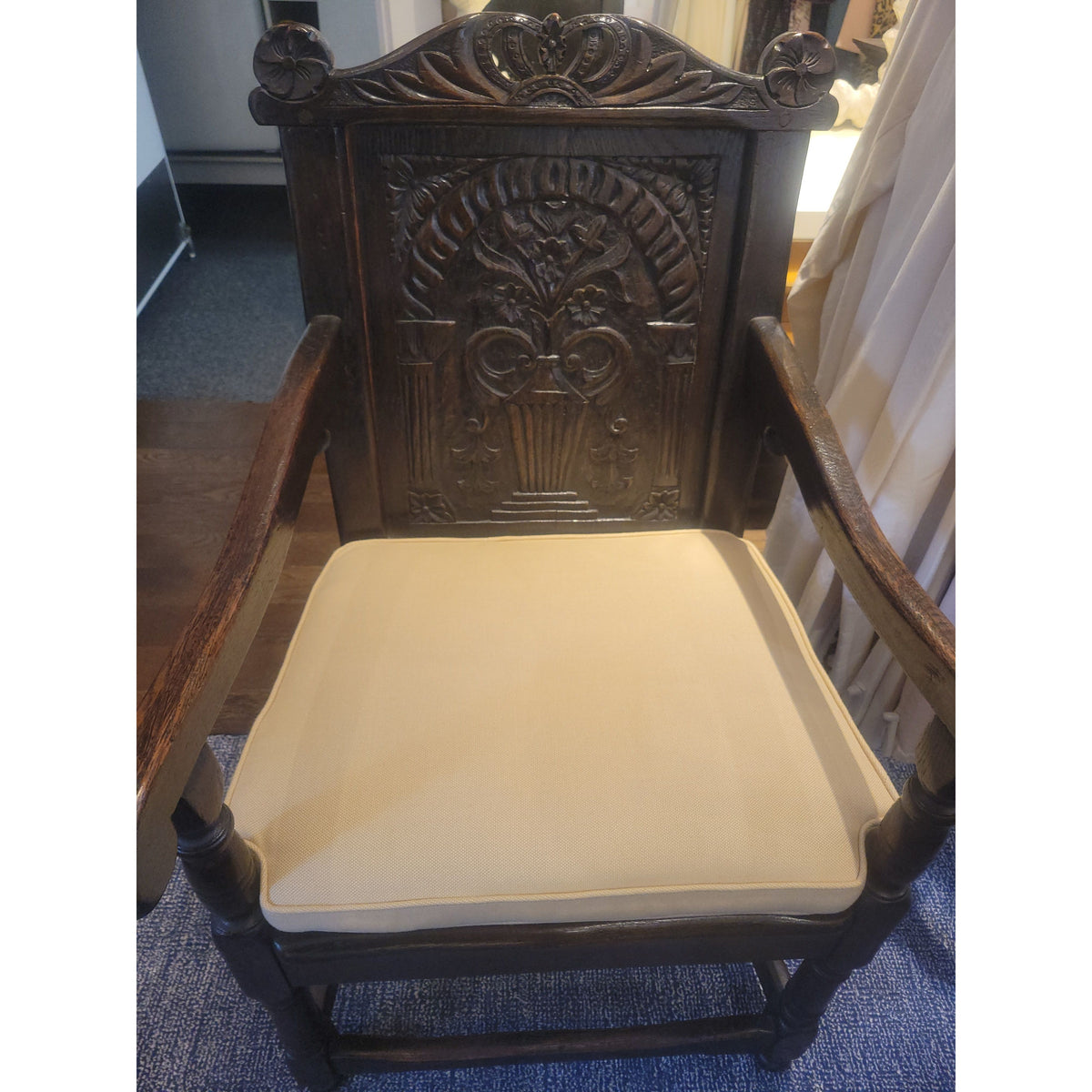 Antique Dark Wood Wainscot Arm Chair w/ Cushion