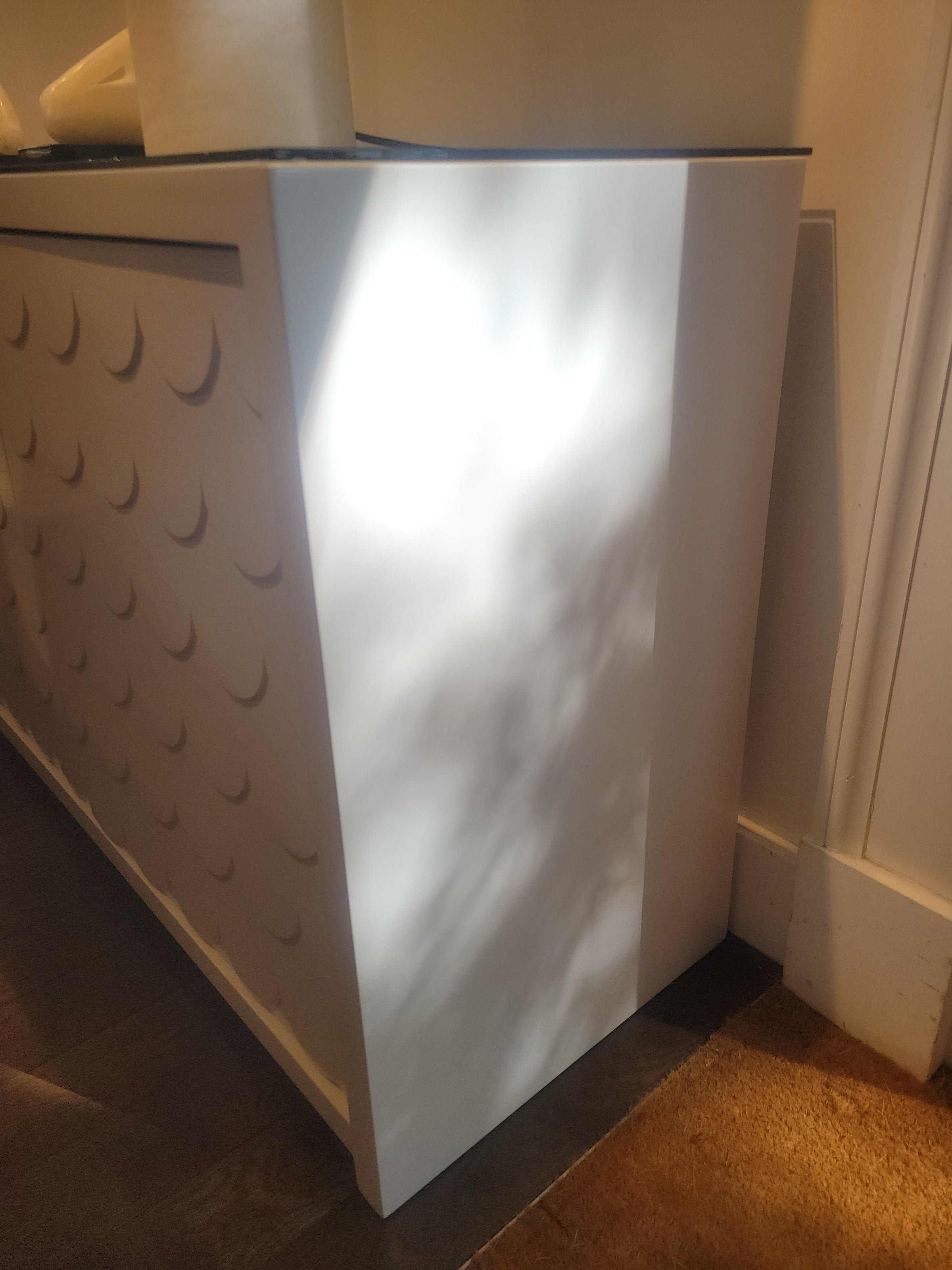 Custom 5-Door Matte White Lacquer Fish Scale Credenza w/ Glass Top
