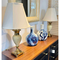 PAIR of Vintage Brass & Cream Table Lamps w/ Off-White Shades