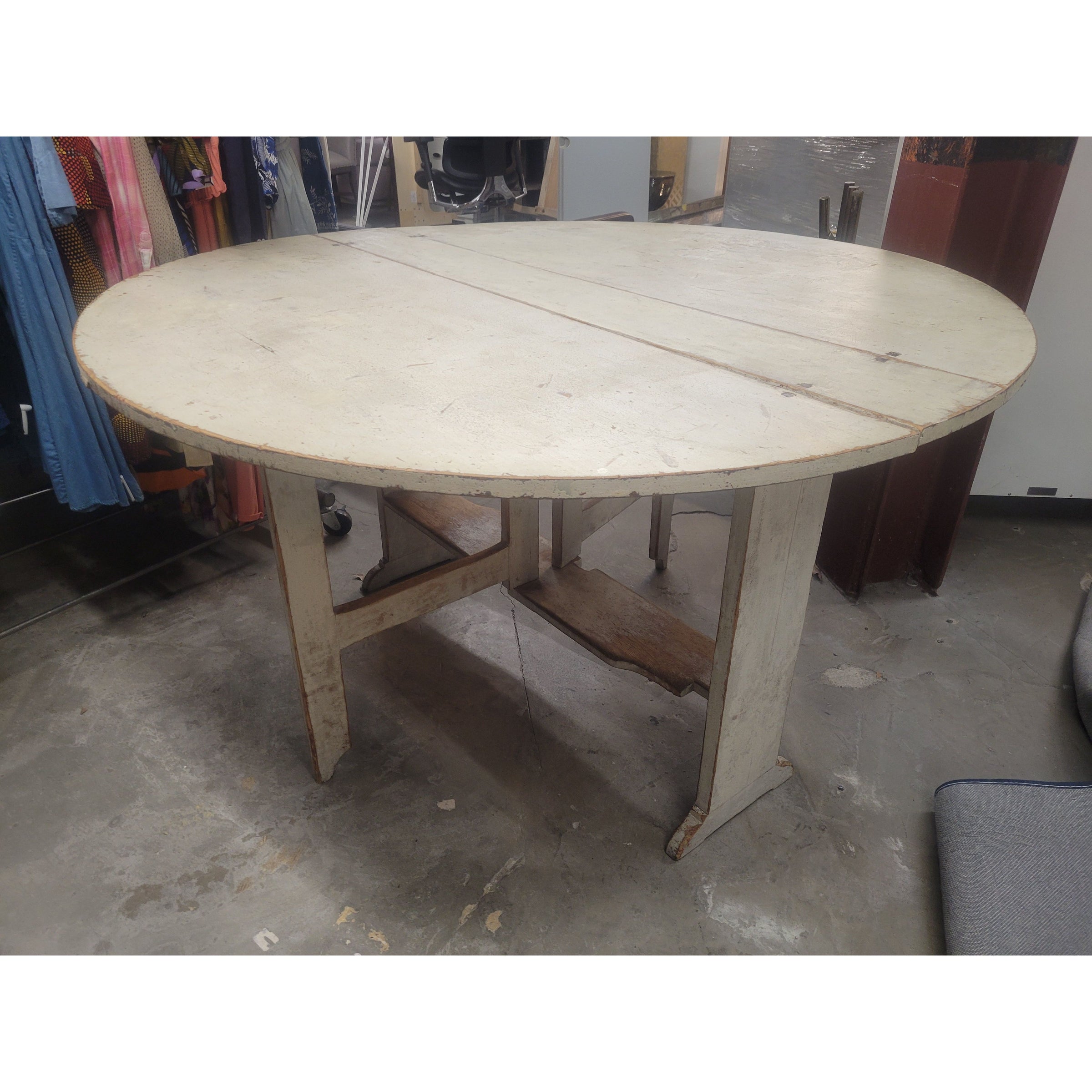 Antique Swedish White Wash Wood Drop-Leaf Dining Table (AS IS)