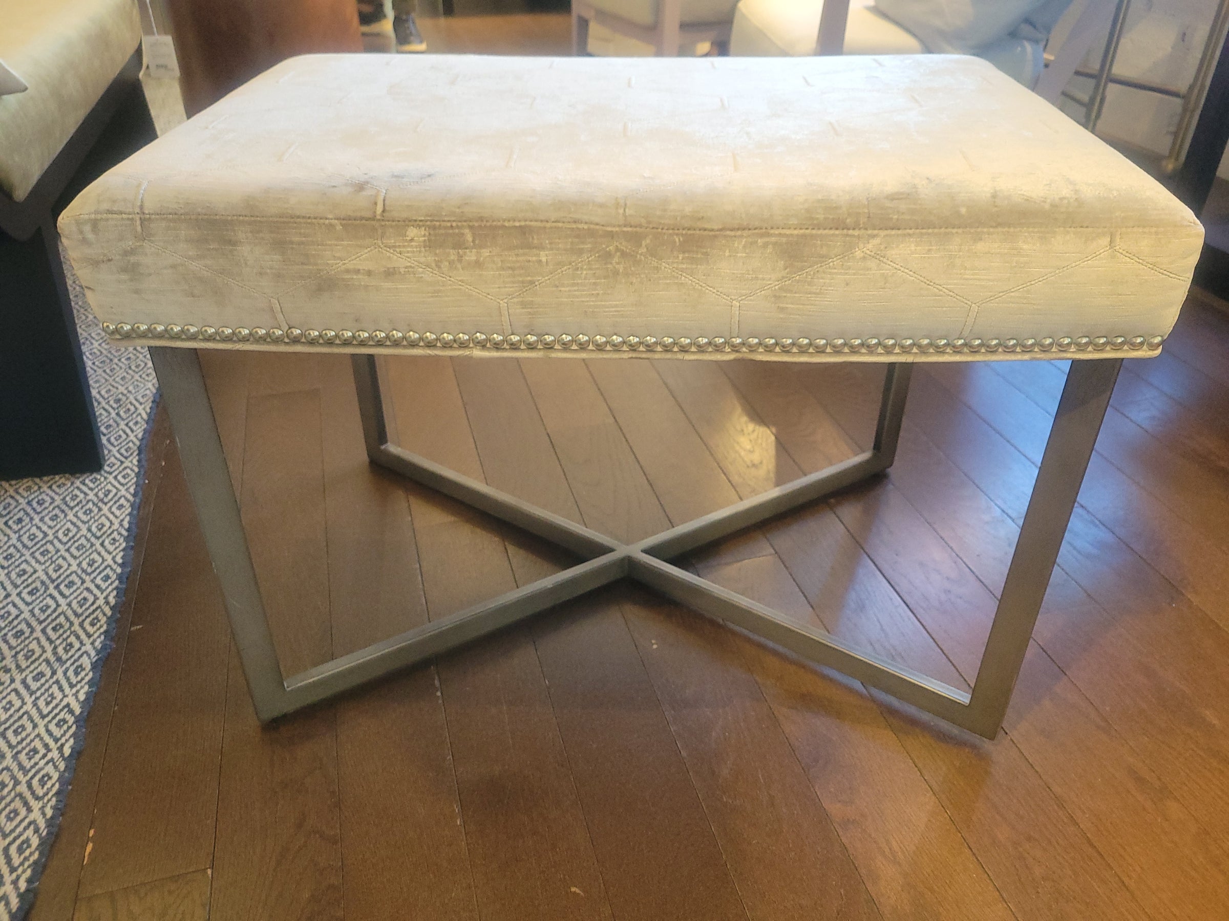 Gray Velvet Jersey Bench w/ Nailhead Trim on Bronzed Metal Base by Vanguard