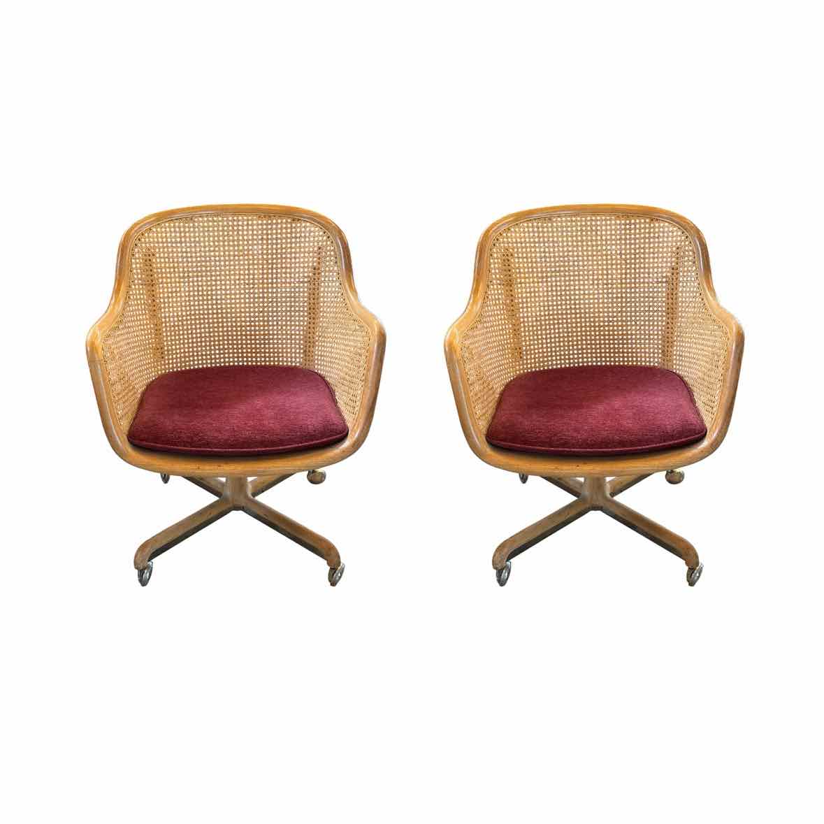 PAIR of Ash Caned Rolling Chairs by Ward Bennett for Brickel - AS IS