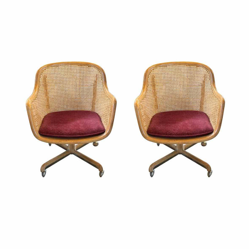 PAIR of Ash Caned Rolling Chairs by Ward Bennett for Brickel - AS IS