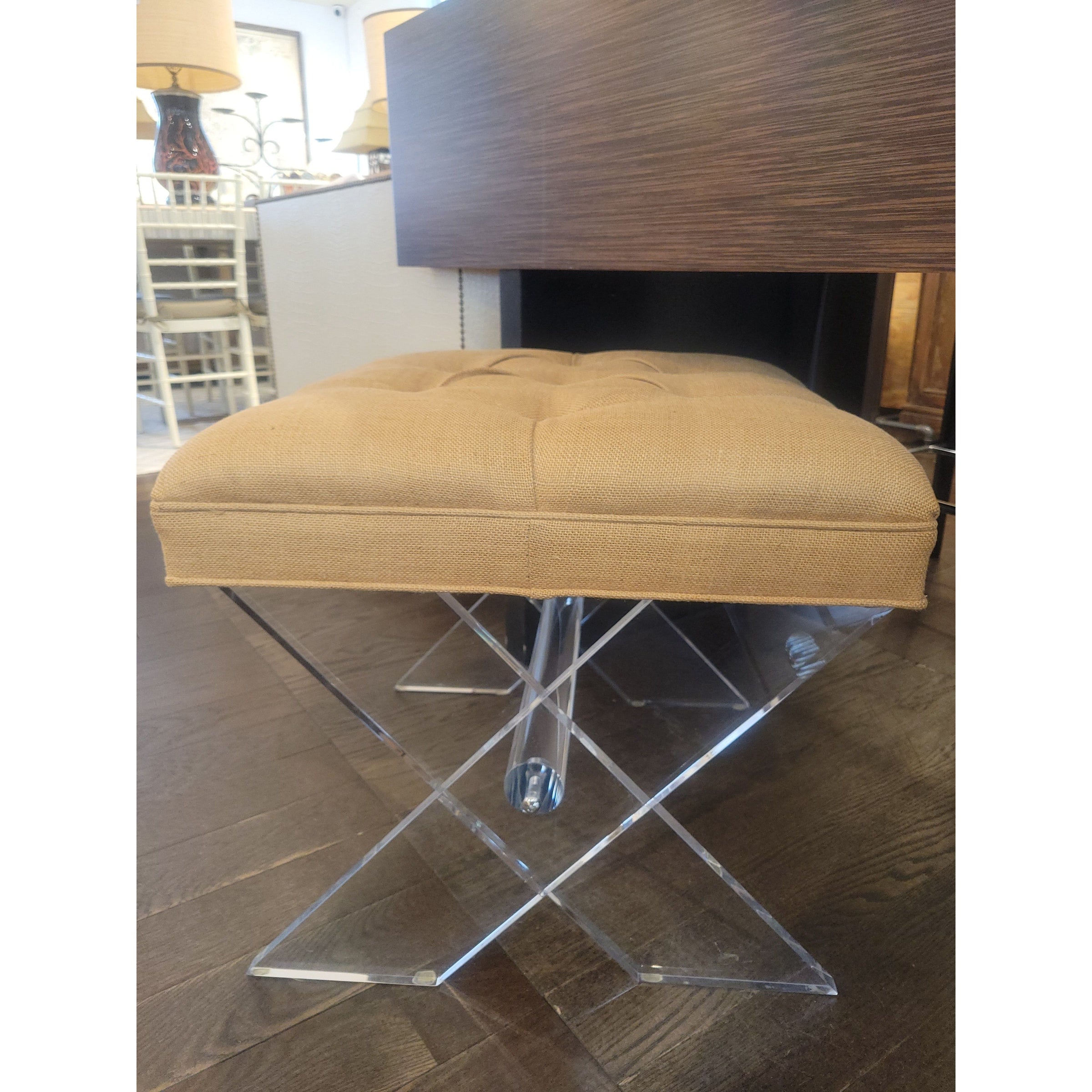Lucite 'X Stool' w/ Tan Linen Seat by Jamie Dietrich