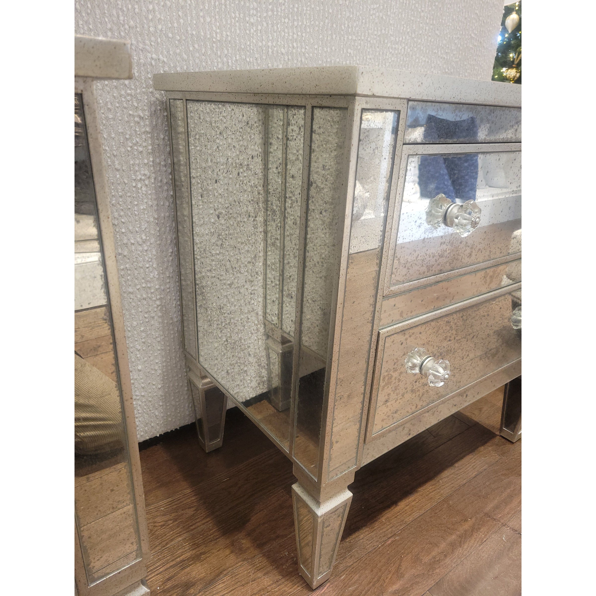 PAIR of Antiqued Mirror Glass Nightstands