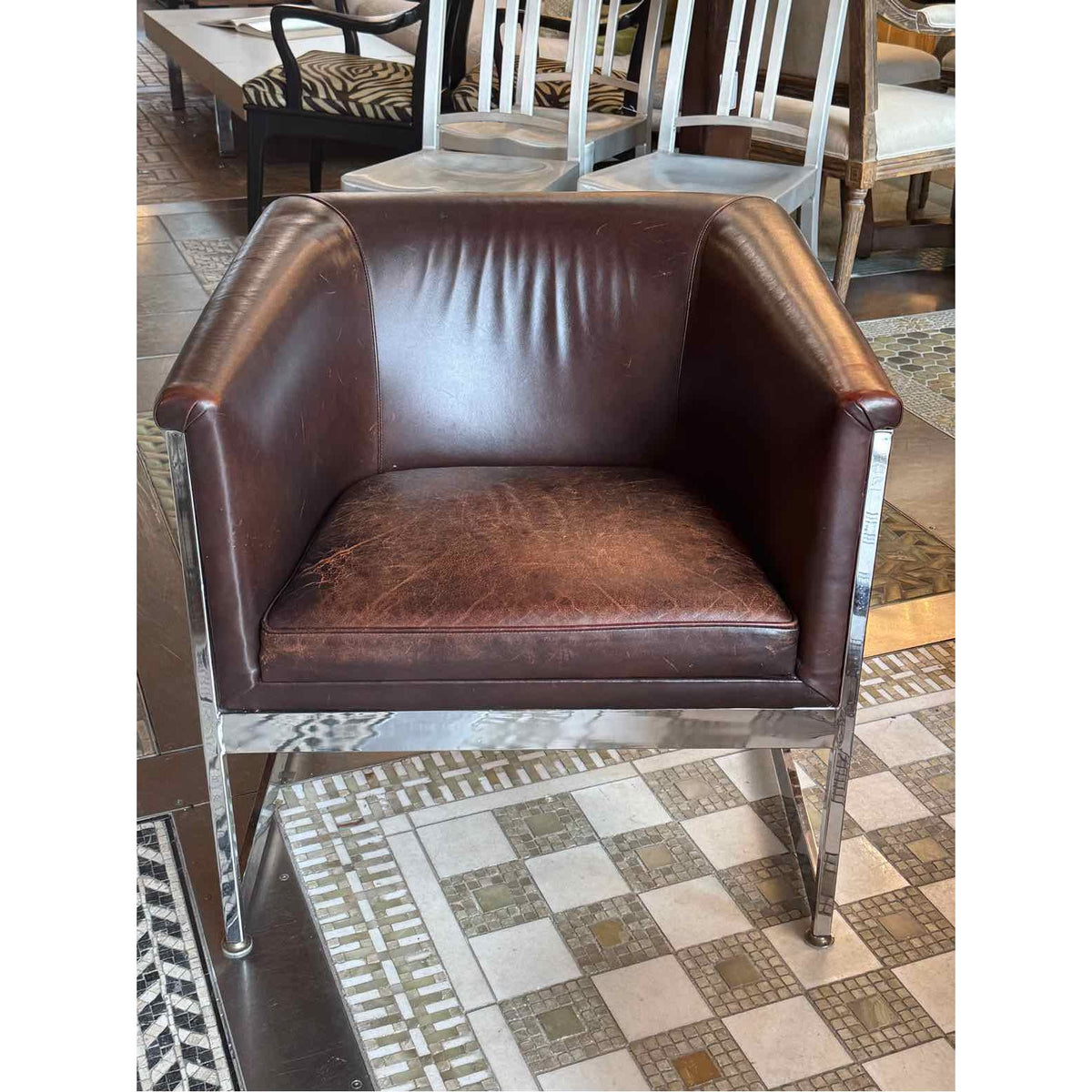 PAIR of Brown Leather & Chrome Bucket Chairs by Milo Baughman - AS IS