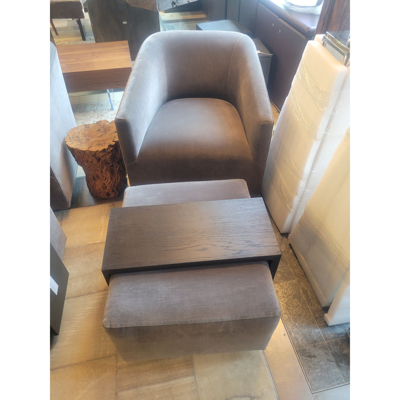 Gray Velvet Ottoman w/ Detachable Dark Oak Side Table