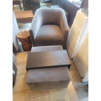 Gray Velvet Ottoman w/ Detachable Dark Oak Side Table