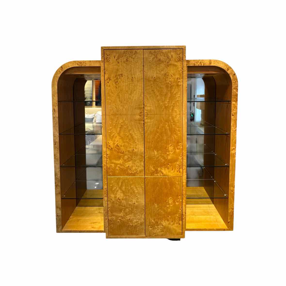 1970s 3-Pc Burlwood Bar Cabinet w/ Lighting & Glass Shelves - AS IS - colletteconsignment.com