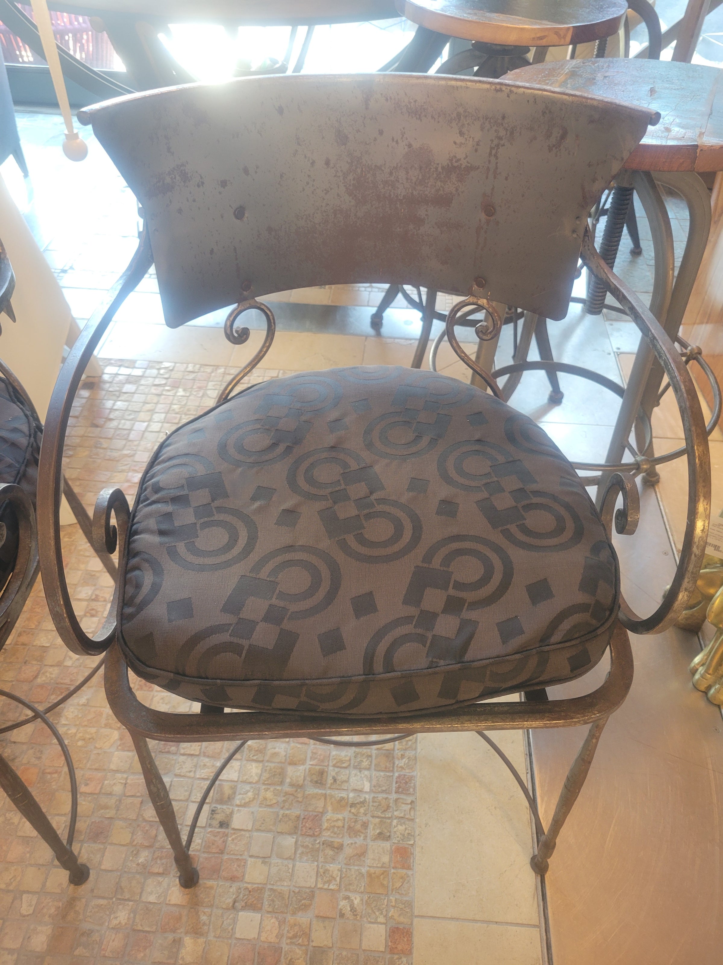 PAIR of Italian Hand-Forged Steel Dining Arm Chairs w/ Black Jacquard Cushions