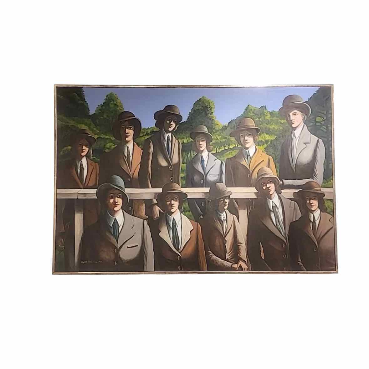 1976 Painting of Women Wearing Bowler Hats and Suits by Elizabeth Bohannon