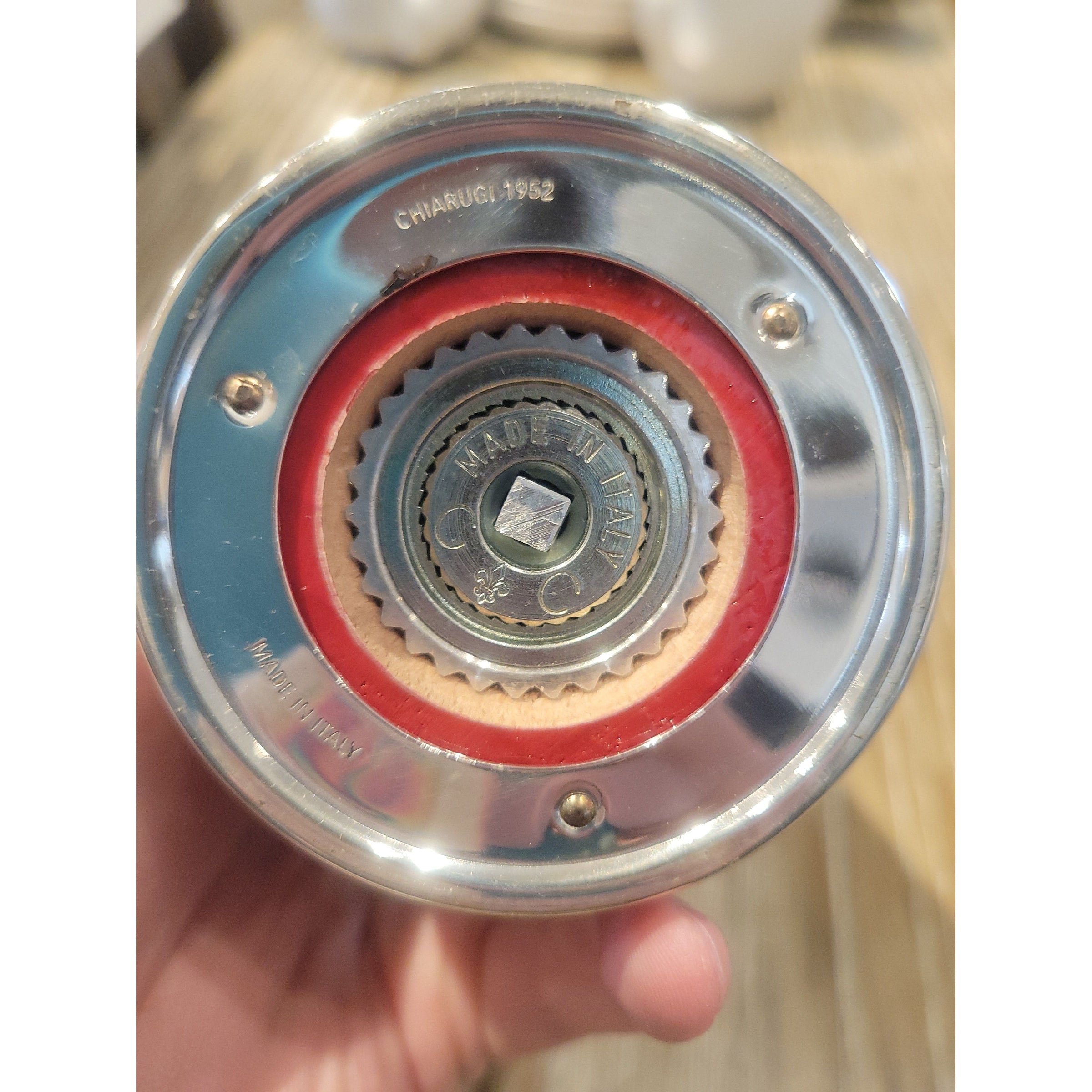 Italian Red & Silver Brass Pepper Mill by Chiarugi 1952