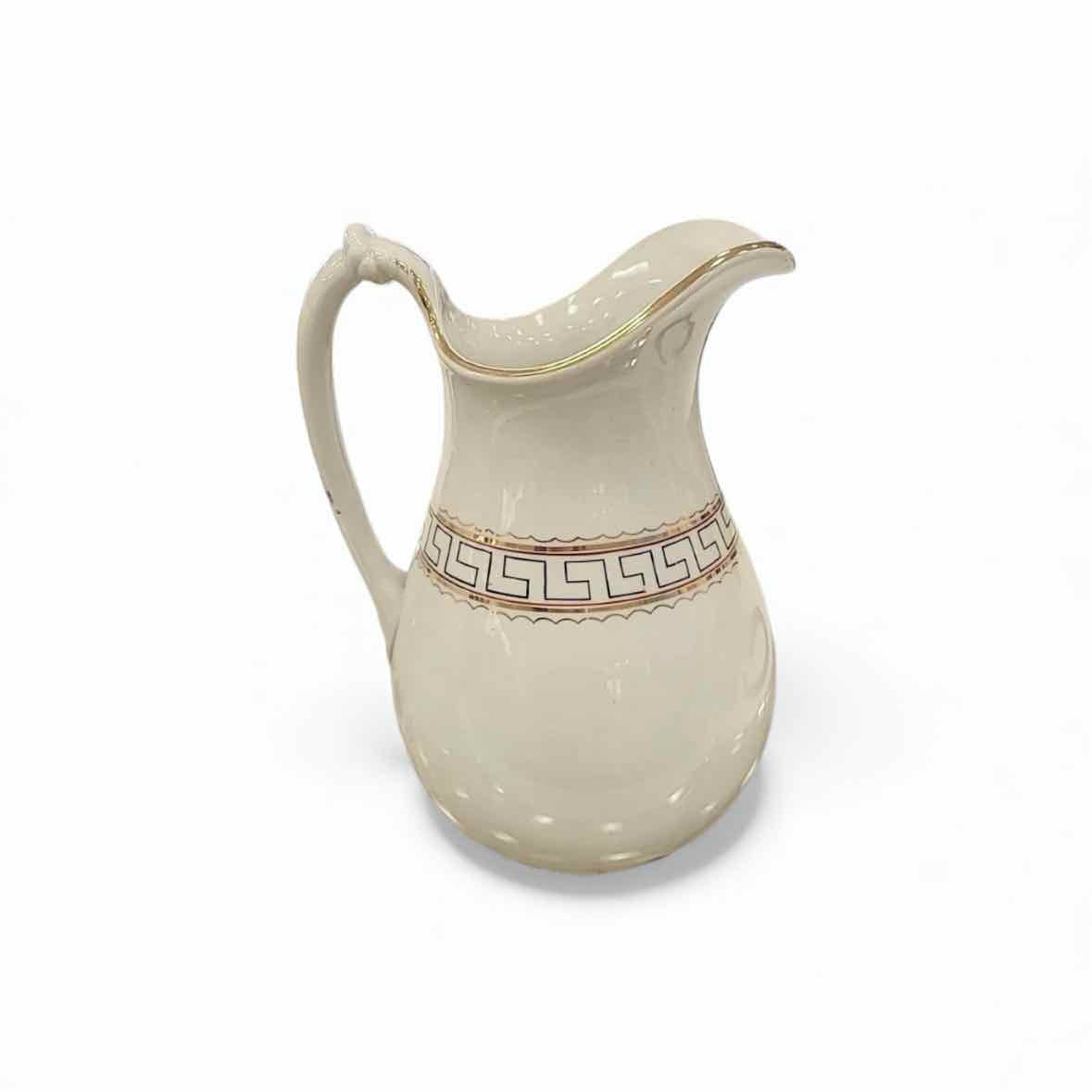 Large White Pitcher w/ Handle & Greek Key Pattern